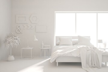 Modern bedroom in white color. Scandinavian interior design. 3D illustration