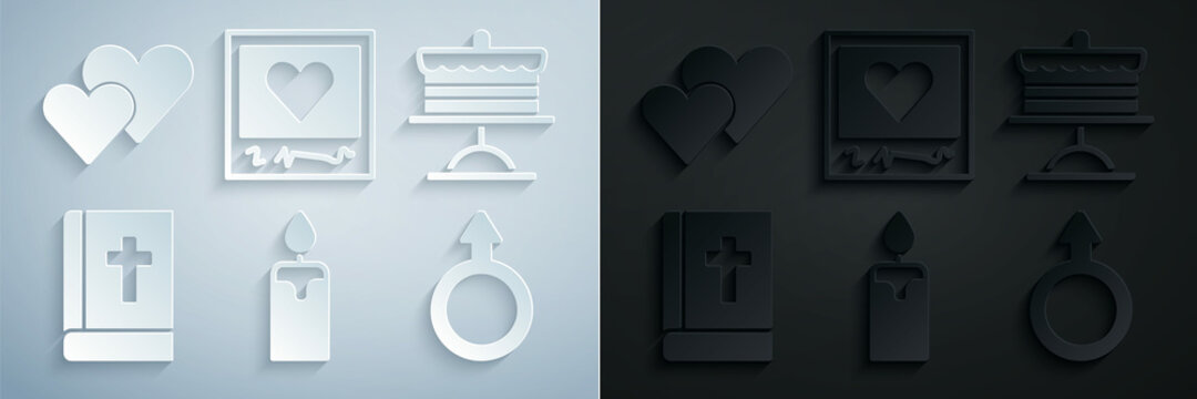 Set Burning candle, Cake on plate, Holy bible book, Male gender symbol, Photo frames hearts and Heart icon. Vector