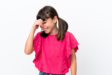 Little caucasian kid isolated on white background laughing