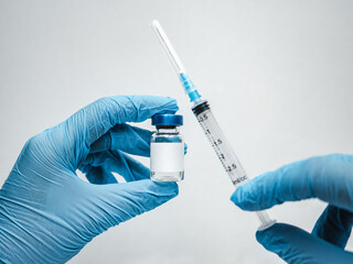 Syringe and injection bottle in the hands of a doctor. Close-up, indoors. Daylight, studio photo. Healthcare concept