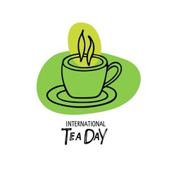 International Tea Day inscription with Cup of tea sketch. Hot drink Cartoon vector illustration isolated on white background for print, web, icongratulations, invitations, party decor.