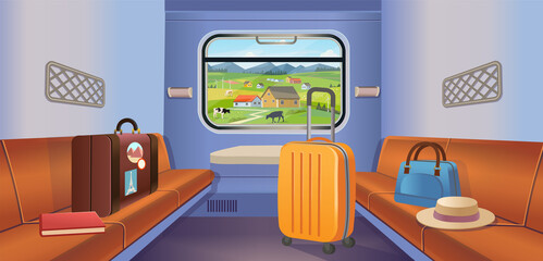 Train interior inside view with luggage and the village in the window. Train travel.Vector illustration