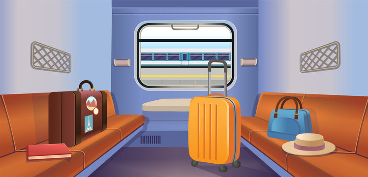 Train interior inside view with luggage and the train station in the window. Train travel.Vector illustration