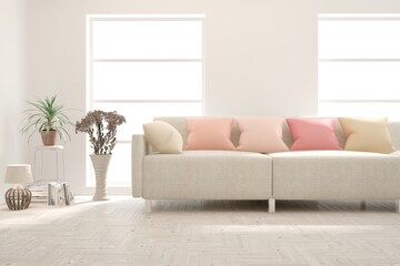 Naklejka premium White living room with sofa. Scandinavian interior design. 3D illustration