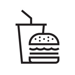 Hamburger and soft drink, Fast food icon, Outline flat design on white background, Vector illustration