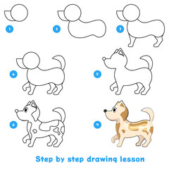 Children's game to develop drawing skills for preschoolers. Create your illustration step by step. Printed sheet for a children's school notebook. Dog.