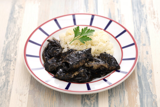 chipirones en su tinta, small squid cooked in black ink, spanish basque cuisine