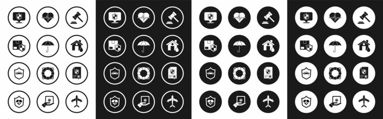 Fototapeta premium Set Judge gavel, Umbrella, Delivery security with shield, Location, House flood, Life insurance, Contract and Car icon. Vector