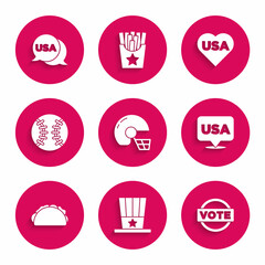 Set American football helmet, Patriotic top hat, Vote, USA Independence day, Taco with tortilla, Baseball, and icon. Vector