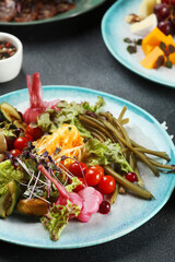 Assorted Pickled vegetables plate on dark concrete background closeup.