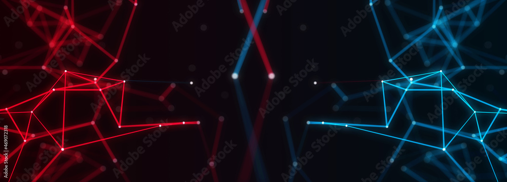 Fototapete Glowing plexus of two colors. Abstract digital background of points and lines. Big data. Network or connection. Abstract technology science background. 3d rendering