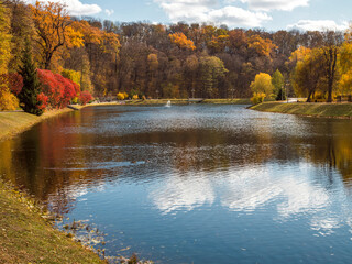 Lake in the Feofaniya park, in the background a view of the autumn trees. Kiev. Ukraine.
