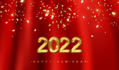 2022 Happy New Year vector background with golden confetti. Golden metal number. Festive premium concept template for luxury New Year party invitation and greeting card. Vector illustration EPS10.