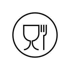 Glass and fork icons, in a circle. A pictogram indicating that the packaging is approved for food products. International packaging emblem used for the labeling of food contact materials in the EU.