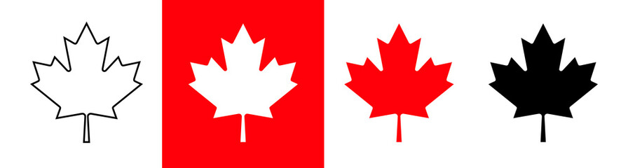 Red maple leaf, symbol of Canada. A set of emblems, the Canadian maple leaf, is depicted on the flag of Canada. Isolated illustration, raster sign.