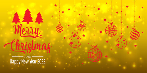 yellow shiny Happy New Year and Merry Christmas card with Christmas balls. Greeting card or festive poster template. Vector background.