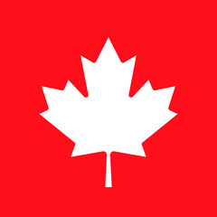 White maple leaf on a red background, the symbol of Canada. The emblem of the Canadian maple leaf, depicted on the flag of Canada. Isolated illustration, vector sign.