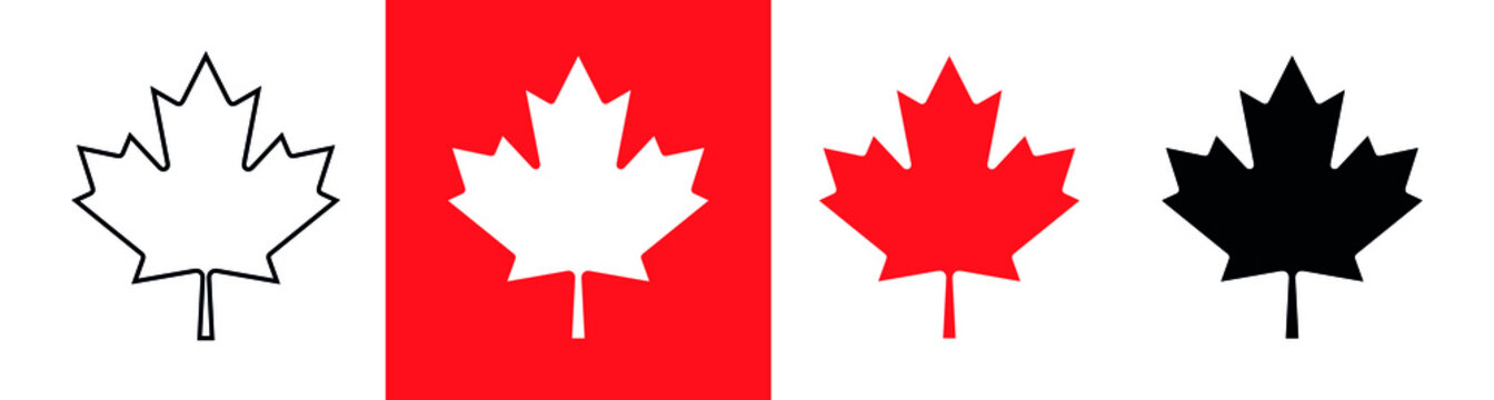 Red maple leaf, symbol of Canada. A set of emblems, the Canadian maple leaf, is depicted on the flag of Canada. Isolated illustration, vector sign.