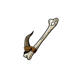 Fish hook made of bone and fang. Tool of primitive man of Stone Age. Old tool for fishing and hunting. Cartoon outline illustration