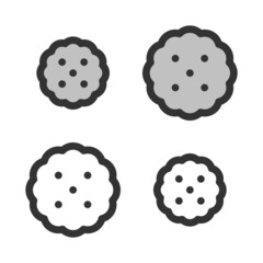 Pixel-perfect linear icon of cookie built on two base grids of 32x32 and 24x24 pixels for easy scaling. The initial base line weight is 2 pixels. In two-color and one-color versions. Editable strokes