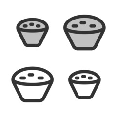 Pixel-perfect linear icon of cupcake built on two base grids of 32x32 and 24x24 pixels for easy scaling. The initial base line weight is 2 pixels. In two-color and one-color versions. Editable strokes
