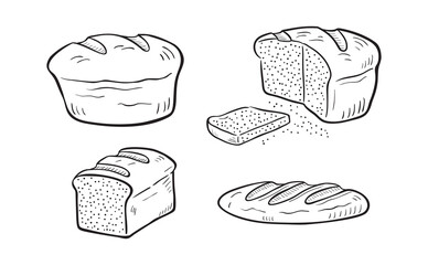 Cartoon illustration of some variety of bread in monochrome. Round, brick, oblong, etc. On white background