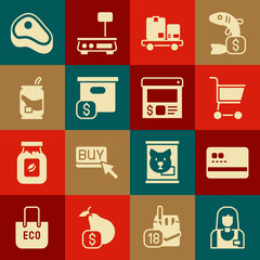 Set Seller, Credit card, Shopping cart, Hand truck and boxes, Carton cardboard with price, Soda can, Steak meat and Online ordering delivery icon. Vector