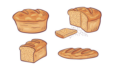 Cartoon illustration of some variety of bread. Round, brick, oblong, etc. On white background