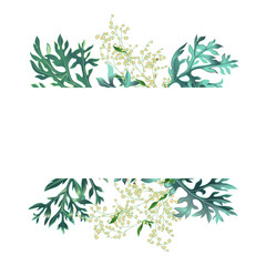 Floral banner frame with wormwood leaves and flowers on white background.