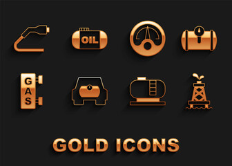 Set Gas tank for vehicle, Oil rig, storage, filling station, Motor gas gauge, Electrical cable plug charging and icon. Vector
