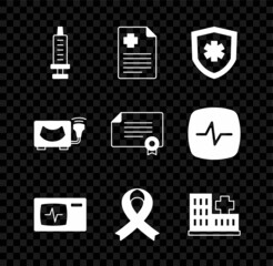Set Syringe, Patient record, Life insurance, Monitor with cardiogram, Awareness ribbon, Hospital building, Ultrasound and Certificate template icon. Vector