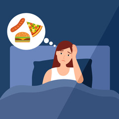 Woman difficult to sleep and feel hungry at night time in flat design. Bedtime insomnia concept vector illustration.