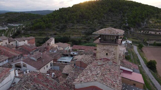 Drone flight over Old Tower Jail in Fuentespalda village in Matarra&ntilde;aa region in Spain. 