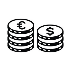 Print Coin stocks, euro, dollar icon. Black vector graphics.