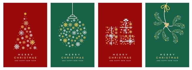 モダンでシンプルなクリスマスカードセット4種（赤/緑）　Merry Christmas modern card set elements greeting text lettering red and green background