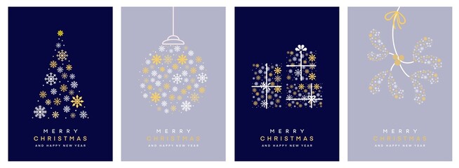 モダンでシンプルなクリスマスカードセット4種（青/グレー）　Merry Christmas modern card set elements greeting text lettering blue and gray background