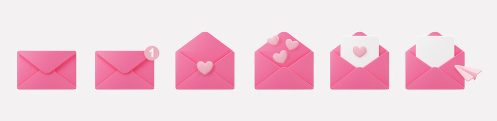 3d pink mail envelope icon set with flying hearts, paper plane and marker new message isolated on grey background. Render giving love email for Mother and Valentines Day greeting. 3d realistic vector - obrazy, fototapety, plakaty