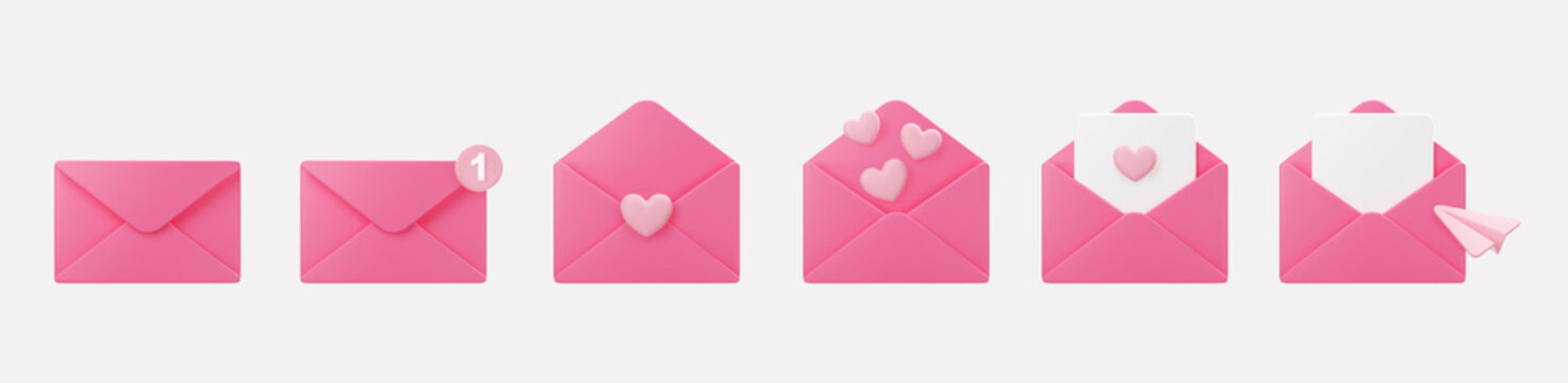 3d pink mail envelope icon set with flying hearts, paper plane and marker new message isolated on grey background. Render giving love email for Mother and Valentines Day greeting. 3d realistic vector