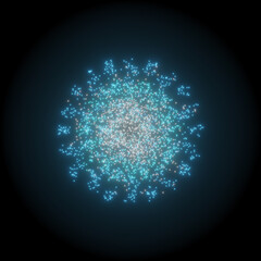 Blue firework explosion, glowing round particles with bloom on pitch black background