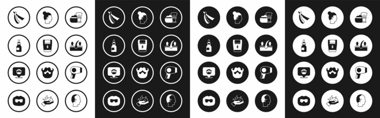 Set Shaving brush with foam, Electric razor blade, Oil bottle, Straight, Human hair follicle, Hairstyle for men, dryer and Barbershop icon. Vector