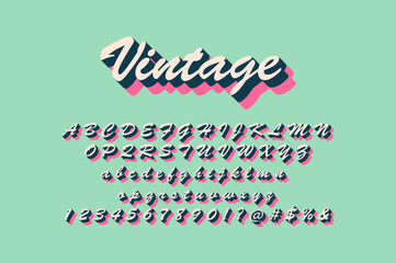 Vintage Style Alphabet Text. 3D Isometric Font Design Set. Pop Art Typography. Lettering Vector Illustration.