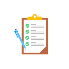 Clipboard with checklists, questionnaires, feedback, assessments and pencil icons in a simple design.