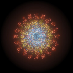 Blue - yellow - red firework explosion, glowing round particles with bloom on pitch black background