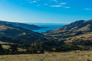 ニュージーランド　南島の町、アカロア郊外の丘から望むバンクス半島の風景