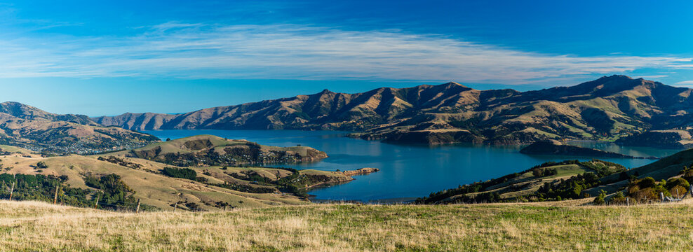 ニュージーランド　丘から望む南島のバンクス半島とアカロア湾