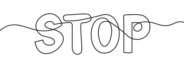 Stop text in one line drawing. One line drawing background. Continuous line drawing of stop sign. Vector illustration.