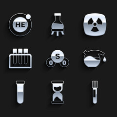 Set Sulfur dioxide SO2, Old hourglass, Test tube, Radioactive and Helium icon. Vector