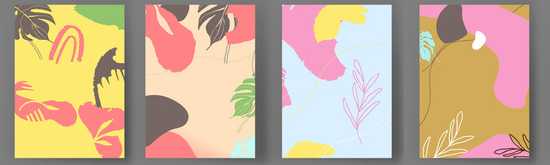 set Abstract posters art paper tropical card, poster, banner,modern line shape graphic artwork decoration  nature leaf artist plant print banner design page vector illustration
