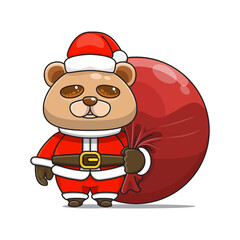 cute bear wearing santa costume and carrying santa bundle bag, animal mascot in christmas costume