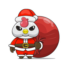cute chiken wearing santa costume and carrying santa bundle bag, animal mascot in christmas costume